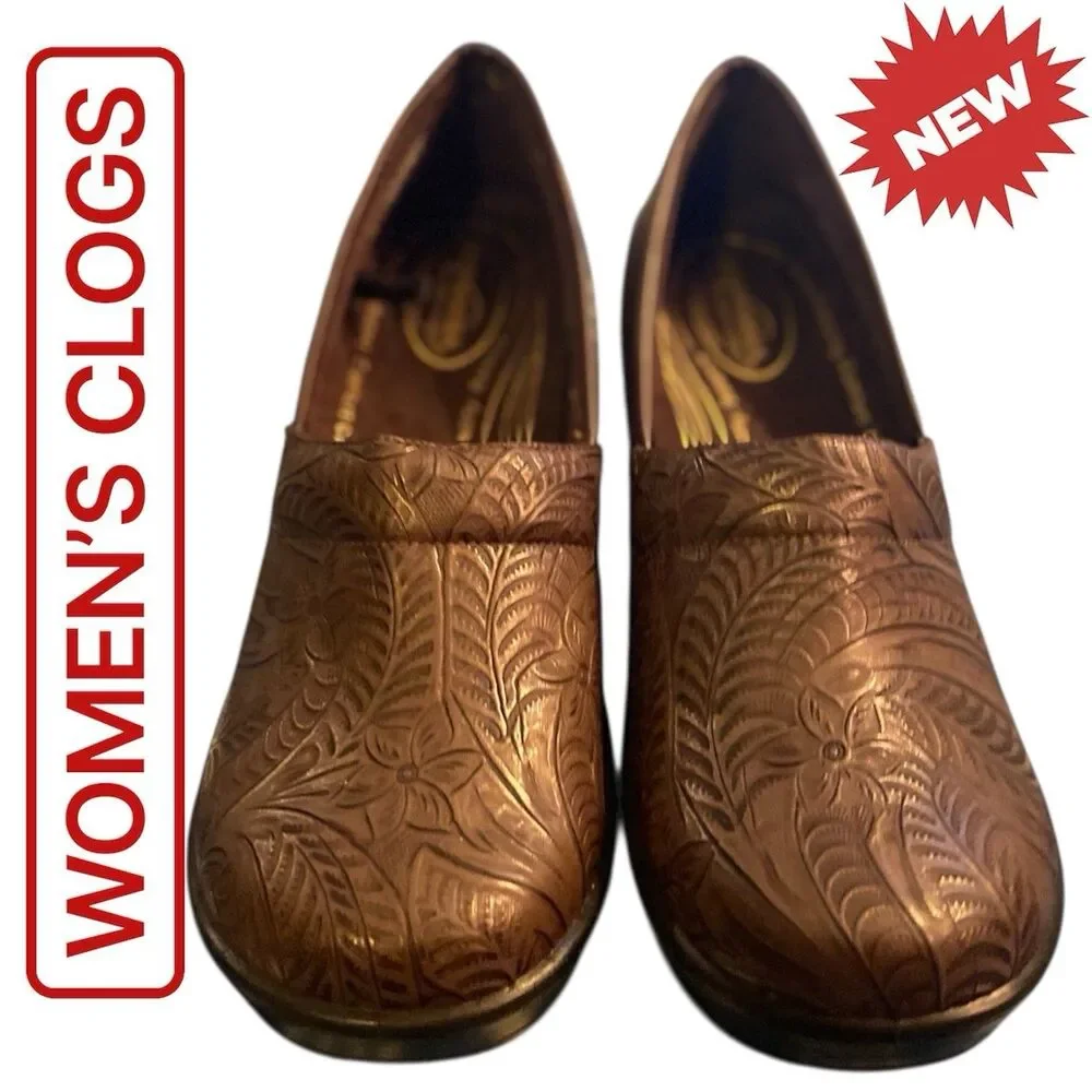Women's Clogs Chef Nurse Shoes Floral Size 9.5 Brown Comfort Slip On Easy Street